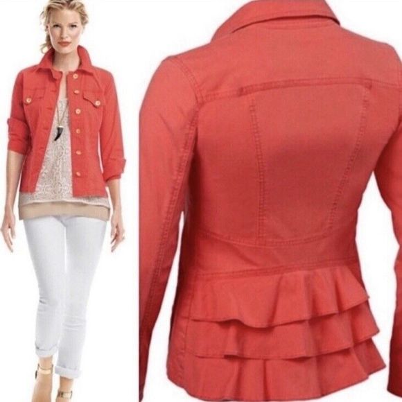 CAbi Taylor Utility Jacket Medium Ruffle Back "Vintage Lobster" Red Orange Coral - Picture 2 of 6